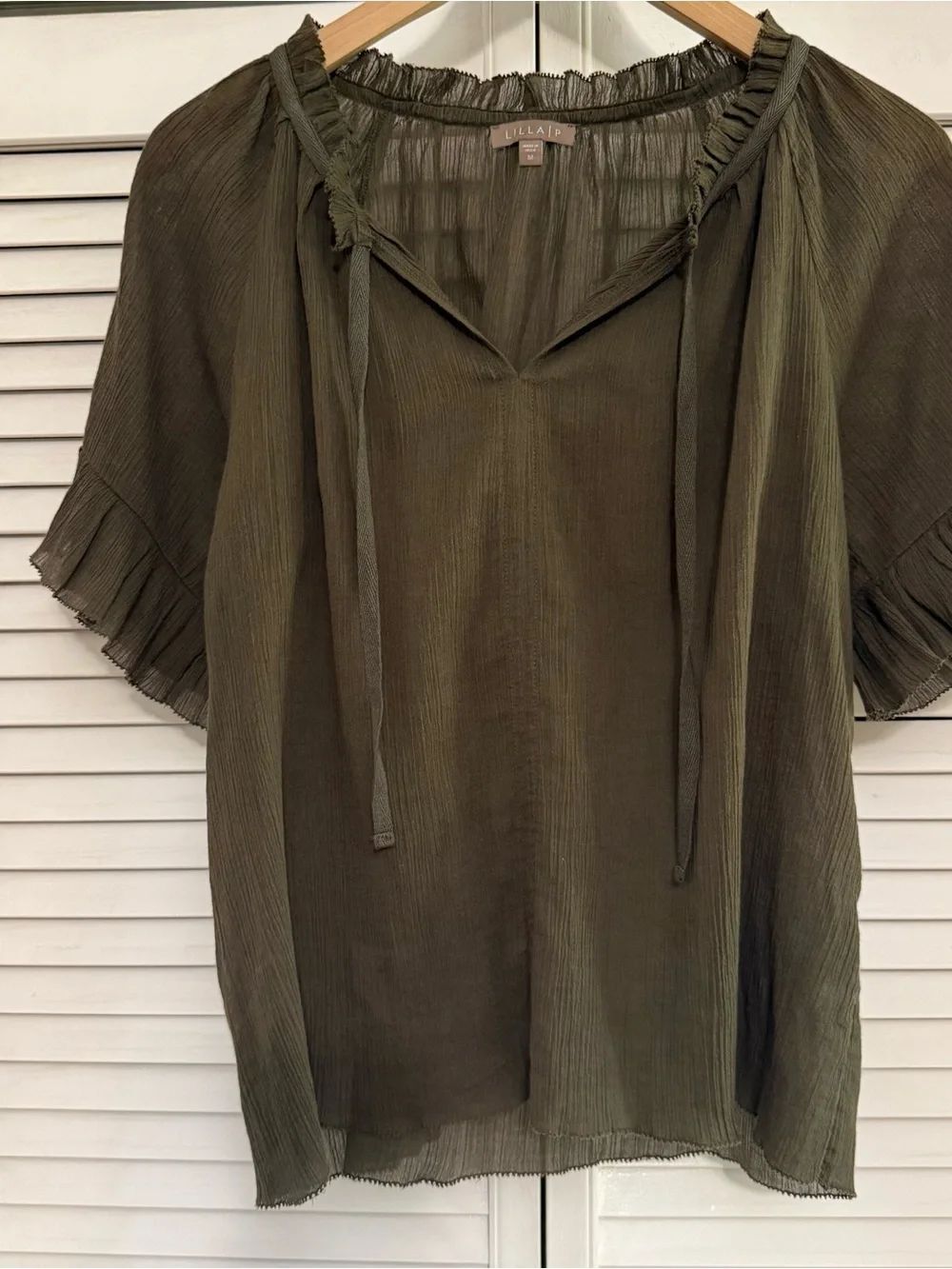 Lilla P Olive Peasant Blouse with Tie Neck & Ruffle Sleeves